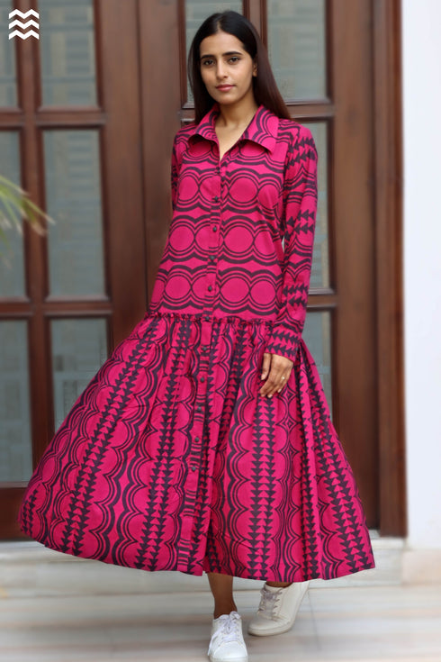 Cambric Cotton Long Martini Dress In Graphic Print